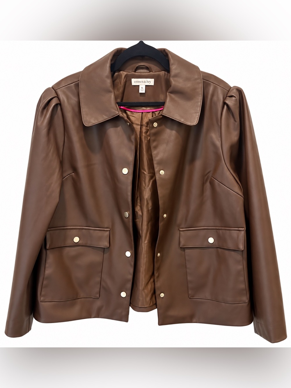 Crown & Ivy XL Brown Faux Leather Jacket Utility Coat Oversized Collar Preppy